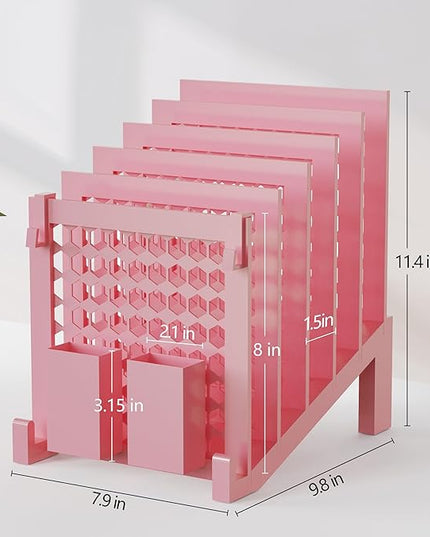 File Organizer for Desk with Storage Box & Hook, Inclined Desk File Organizer with 5-Section Vertical File Holder suitable for Home Office Document Organization (Pink-01)