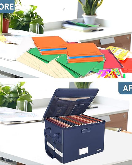ENGPOW File Box with Lock, Fireproof Document Box with Pockets, Collapsible File Organizer Filing Storage Cabinet with Handle, Portable Home Office Safe for Hanging Letter/Legal Folders, Blue, 2 Pack