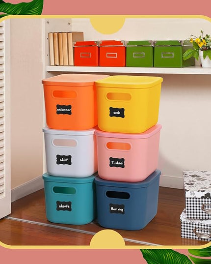 Thyle 24 Pack 7 Quarts Plastic Storage Bins for Christmas Storage with Lids Handles Colorful Stackable Desktop Box Bins with Label for Shelf Drawer,10 x 7 x 6 Inch (Multicolored)