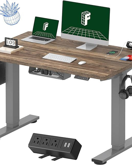 FLEXISPOT EN2 Whole-Piece Standing Desk with Clamp Power Strip, 48 x 30 Electric Stand Up Height Adjustable Desk with Cable Management (Gray Frame + 48" Black Walnut Desktop, 2 Packages)