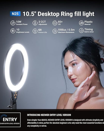NEEWER Entry Level Version 10.5" Desk Ring Light w Tripod Stand/Phone Holder Compatible with iPhone, Timer/Remote, 10W CRI85+ LED Lighting for Selfie Makeup Streaming Recording Video Conference, N25