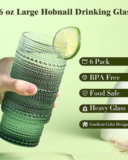 6pcs Hobnail Drinking Glasses Set, 16 oz Vintage Glassware Drinking Glasses, Gradual Dark Green Water Glasses Tumbler, Cups for Kitchen, Juice, Beer, Cocktail, Whiskey