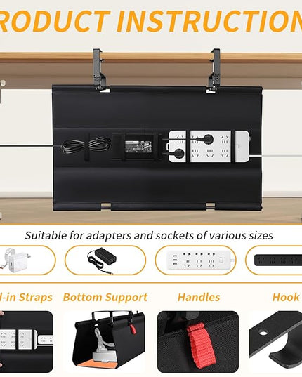 No Drill Under Desk Cable Management Tray, 28" Cord Organizer with Clamp, Fabric Cable Management for Standing Desks, Ideal for Home & Office - Black