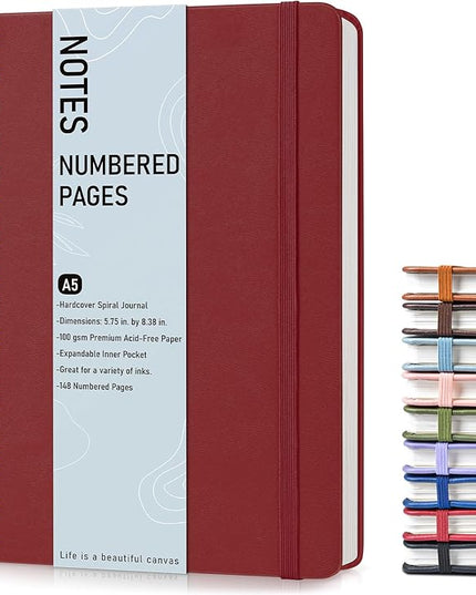 Lined Spiral Journal Notebook, A5 Hardcover Spiral Journals for Women Men, 150 Numbered Pages Spiral Bound Notebook, 100 GSM College Ruled Notebooks for Writing Note Taking 5.75" x 8.38", Wine Red