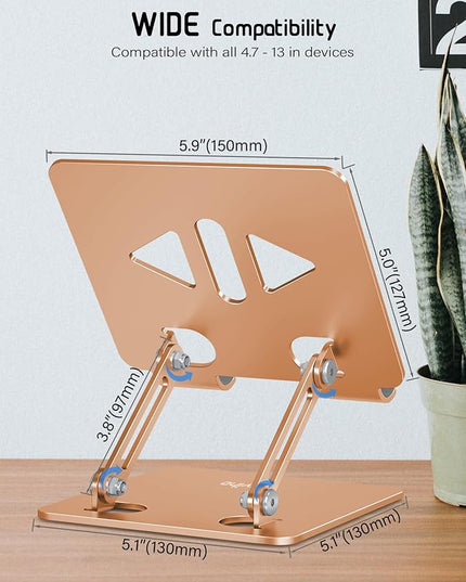 Tablet Stand Holder for Desk Adjustable Tablet Holder, Foldable Aluminum Desktop Tablet Holder for iPad Samsung Galaxy Tabs Amazon Kindle Fire,All Tablets 4-12 inch, Gold