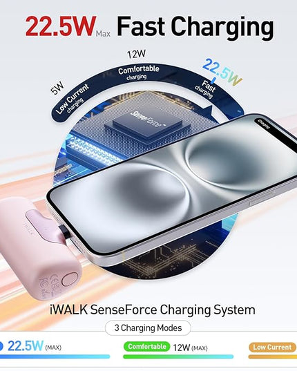 iWALK Portable Charger 5500mAh Next-Gen Small Power Bank 22.5W Fast Charging Battery USB-C Portable Phone Charger for iPhone 17/16/15 17 Plus 17 Pro Max iPad, Samsung Galaxy S25 S24 S23 Android, Pink