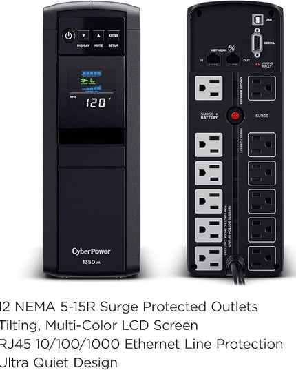 CyberPower CP1350PFCLCD PFC Sinewave UPS Battery Backup and Surge Protector, 1350VA/880W, 12 Outlets, AVR, Mini-Tower; UL Certified
