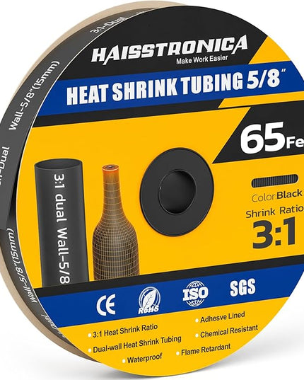haisstronica 3:1 Heat Shrink Tubing, Shrink Ratio Adhesive Lined Marine Grade Heat Shrink Tube for Home, Automotive and Industrial (Black) 65FT 5/8inch