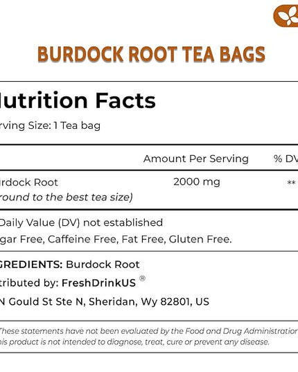 FreshDrinkUS, Premium 120 Burdock Root Tea Bags, 100% Natural & Pure, Herbal Tea. Made with Natural Material Tea Bags. No Sugar, No Caffeine, No Gluten, Vegan.