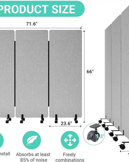 Soundproof Room Divider W/Wheels, 66in Office Dividers for Sound Proofing & Reducing, Sound Proof Dividers for Office Partitions Portable Acoustic Wall Divider (Cool Grey, 3 Panel+3 Panel)