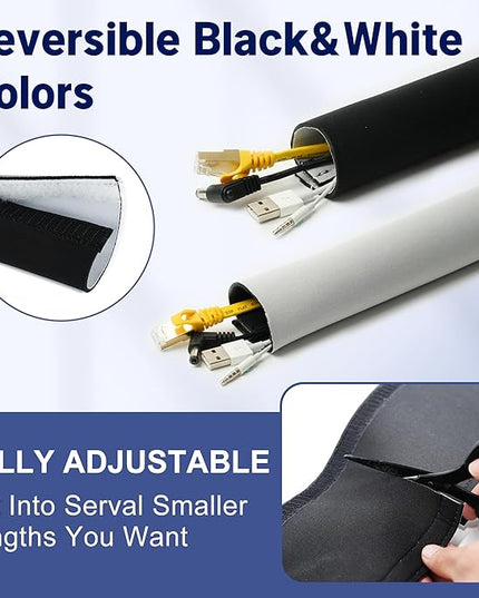 Cable Management Sleeve 10ft (120 inch) - 1.5 inch, Hook-and-Loop Cuttable Neoprene Cord Organizer, Split Wire Reversible Cord Protector for TV USB PC Ethernet Cable Hider Protect Pets Kids