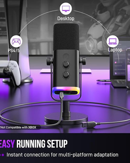 FIFINE USB/XLR Dynamic Microphone for Podcast Recording, PC Computer Gaming Streaming Mic with RGB Light, Mute Button, Headphones Jack, Desktop Stand, Vocal Mic for Singing YouTube-AmpliGame AM8