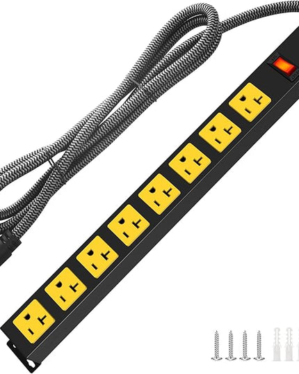 20Amp Power Strip Surge Protector, Durable Metal 8-Outlets with Heavy Duty 20 amp 15Ft 12 Gauge Extension Cord for Garage Workshop & Industrial Use, 1200J
