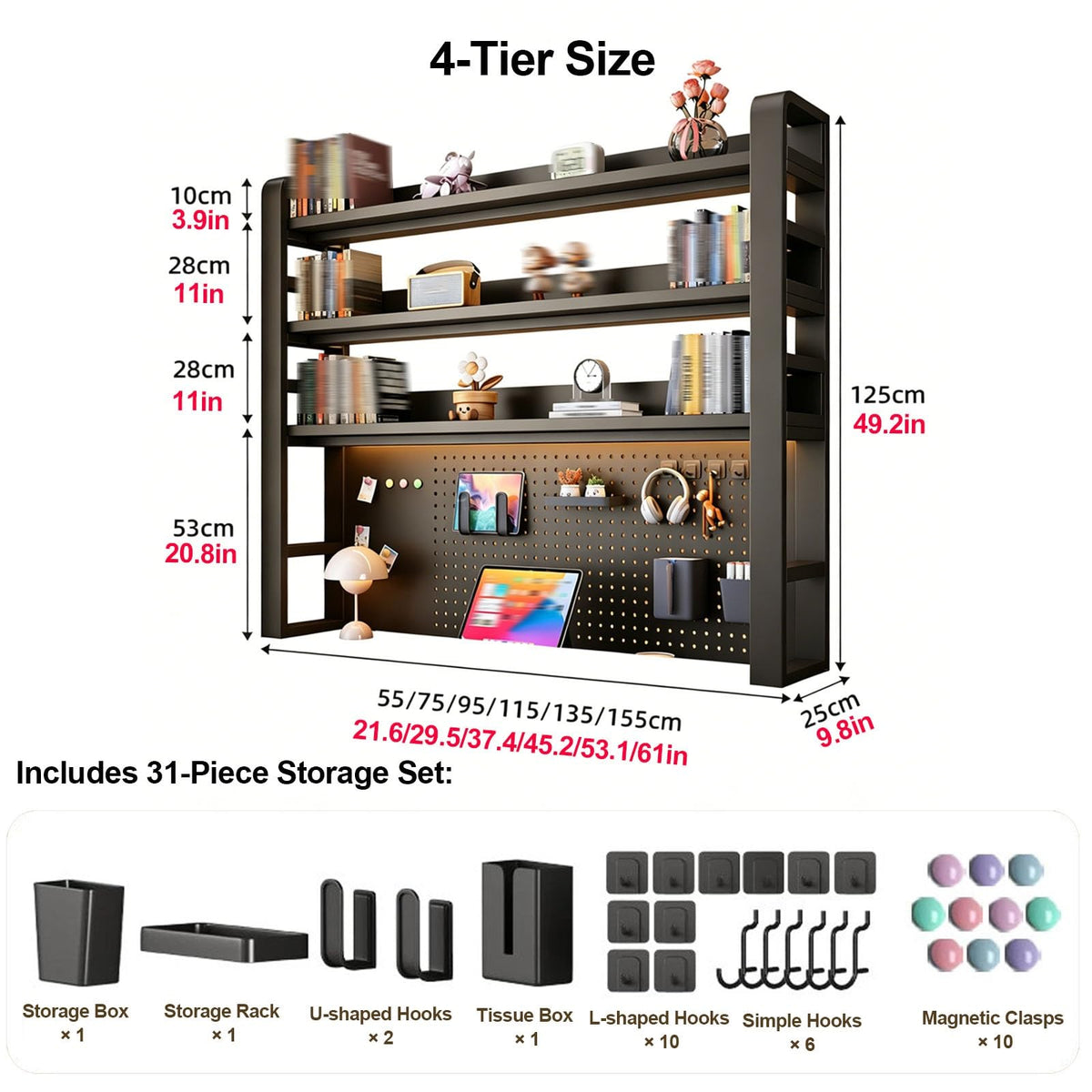 TRCBADOWKC 2/3/4 Tier Desktop Bookshelf with Pegboard and Storage Parts, Metal Desktop Organizer Hutch, Desk Shelves for Top of Desk, Shelf Organizer Display Rack for Dorm Home(White,4-Tier L53.1in)