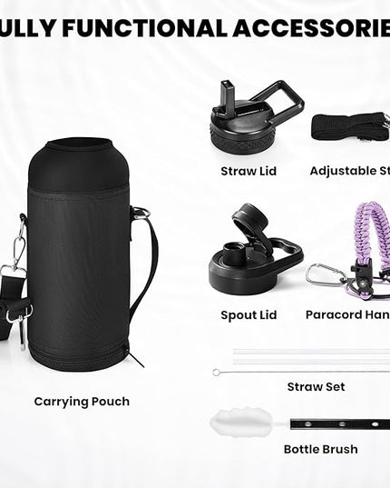 Insulated Water Bottle 32 oz, Triple Wall Vacuum Stainless Steel (Cold for 48 Hrs), Leak Proof & Non-BPA, Modern Water Flask Jug with Paracord Handle & Straw Spout Lids, Lilac