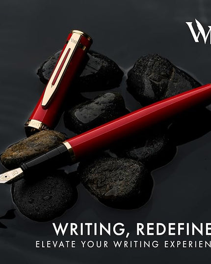 Wordsworth & Black Fountain Pen Set, 18K Gilded Medium Nib, Includes 24 Pack Ink Cartridges, Ink Refill Converter & Gift Pouch, Gold Finish, Calligraphy, [Crimson Red], Perfect for Men & Women