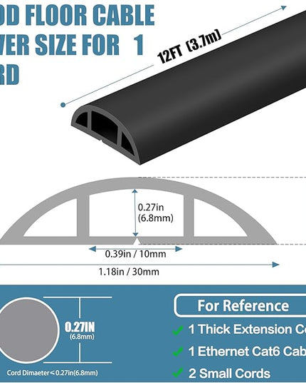 Floor Cord Covers for Wires 12FT Cable Hider Wire Cover Self Adhesive Cord Hider Floor for Offices, Homes, Workshops, Warehouses Cable Cavity 0.39" W x 0.27" H