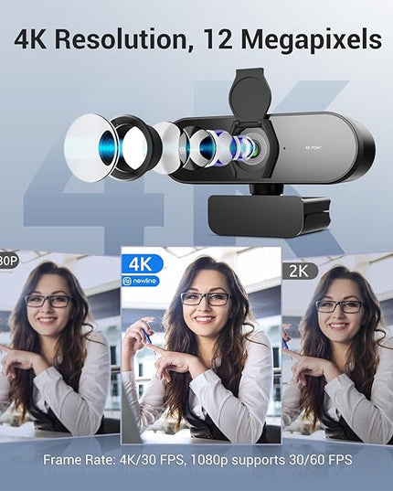 N newline 4K Webcam for PC with Tripod, PDAF Autofocus, 1080P@60FPS, 79° FOV, Low Distortion, 2 Noise Reduction Mics, Privacy Cover, Plug&Play, PC Camera for Skype, Teams, Zoom, NewEye 62 Kit