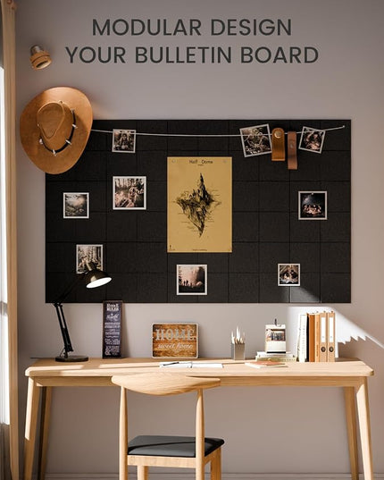 Large Felt Bulletin Board 36"x24", 6-Pack 4-Compartment Wall Organizer, Cork Board Alternative with 60 Removable Adhesive Tabs, Modular Felt Panels for Home Office, Classroom and Study-Black