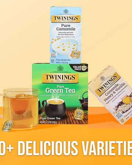 Twinings Pure Camomile Herbal Tea Individually Wrapped Bags, 25 Count (Pack of 6), Calming & Delicate, Naturally Caffeine-Free, Enjoy Hot or Iced, 150 Teabags
