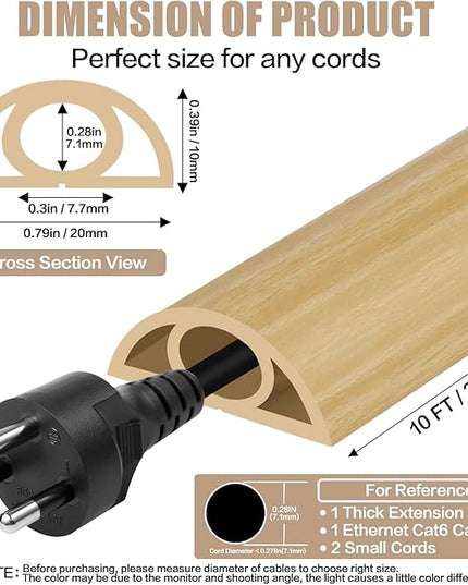 Floor Cord Cover Self Adhesive Cord Hider,10FT Cable Management, Extension Strip Protector for Wires, Prevent Cable Trips for Offices, Gyms, Exhibitions Cavity:0.3"(W) x0.28(H) WoodLightyellow