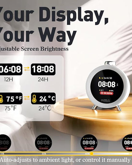 MOMILLA Alarm Clock for Heavy Sleepers, Colorful Screen Temperature, Loud 7-Day Programmable 4 Alarms, Small Clocks Bedrooms for Kids Adults Boys Girls, Easy to Set, Digital White Noise, Hourly Chime