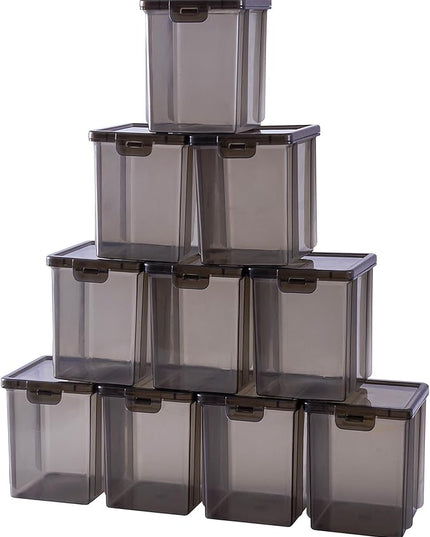 10 Pack Black Storage Bins with Lids - Stackable Plastic Organizer Boxes for Crafts, Art Supplies, Jewelry, Beads, Office Tools, Pantry Storage - 3.5x3.5x4.5 Inch, Black Square Medium