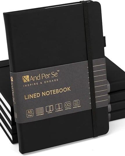 &And Per Se Lined Journal Notebook (5 Packs), 160 Pages, A5 5.7 x 8 inches College Ruled Thick Paper Notebook Journals for Writing, Hardcover Notebooks for Women Men Office School (Black)