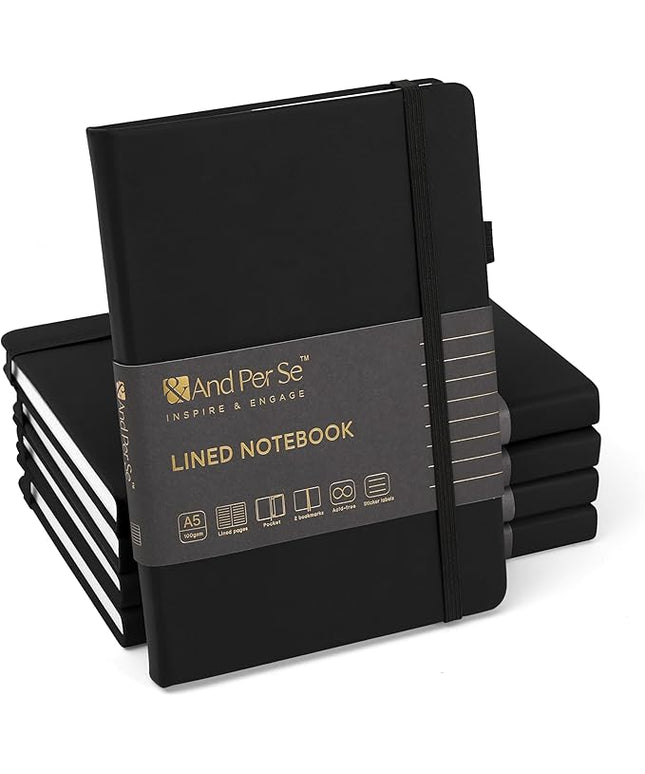 &And Per Se Lined Journal Notebook (5 Packs), 160 Pages, A5 5.7 x 8 inches College Ruled Thick Paper Notebook Journals for Writing, Hardcover Notebooks for Women Men Office School (Black)