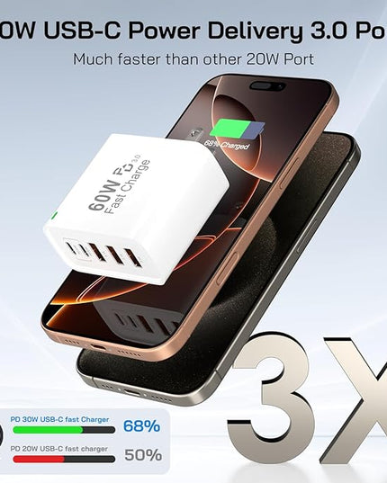3Pack USB C Fast Charger Block, 60W 5-Port USB C Wall Charger 30W Type C Charging Block, 2USB C+3USB A PPS/PD 3.0 Multiport Charging Cube for iPhone 17 16 15 14 Pro Max,for Galaxy S25 S24 Ultra, i Pad