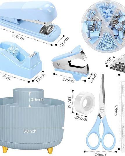 SKYDUE Desk Organizers and Accessories 10Pcs, 360-Degree Rotating Pen Holder, Stapler, Staple Remover, Tape Dispenser,2pcs Tape Refills, Binder Paper Clips Kit, Scissor (Blue)