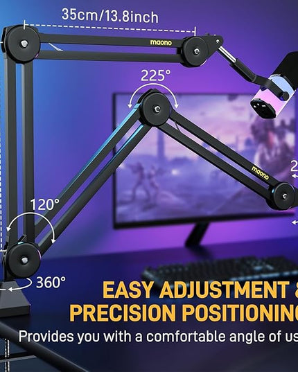 MAONO Microphone Boom Arm: Heavy Duty Adjustable Metal Suspension mic stand with Upgraded Desk Clamp and 3/8" to 5/8" Screw Adapter for Podcasting Recording Streaming Gaming - BA37