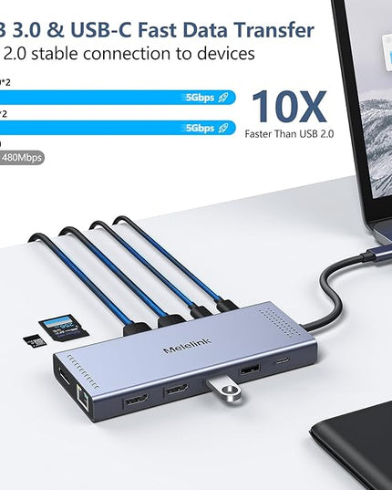 USB C Docking Station Dual Monitor, 14 in 1 Triple Display USB C Hub Multiport Adapter with 2 HDMI 4K,DisplayPort,PD Charging,Ethernet,6 USB C&A Ports,SD/TF, Laptop Docking Station for Dell/HP/Lenovo