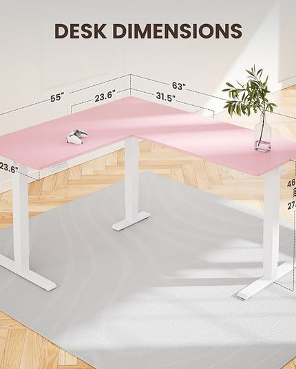 ErGear L Shaped Standing Desk, 63"x55" Electric Adjustable Height Sit Stand Desk, Ergonomic Large Computer Table, Left & Right Interchangeable Installation, Suitable for Home Office Use, Pink