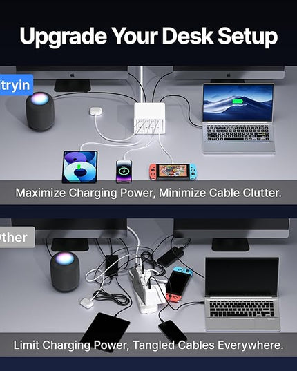 Gitryin 12-in-1 Desktop Charging Station with 3 Retractable Type-C Chargers and 1 Lightning Charger, 40W USB-C Power Strip with 33.5in Cable, Extension Cord with 1020J Surge Protection for Home Office