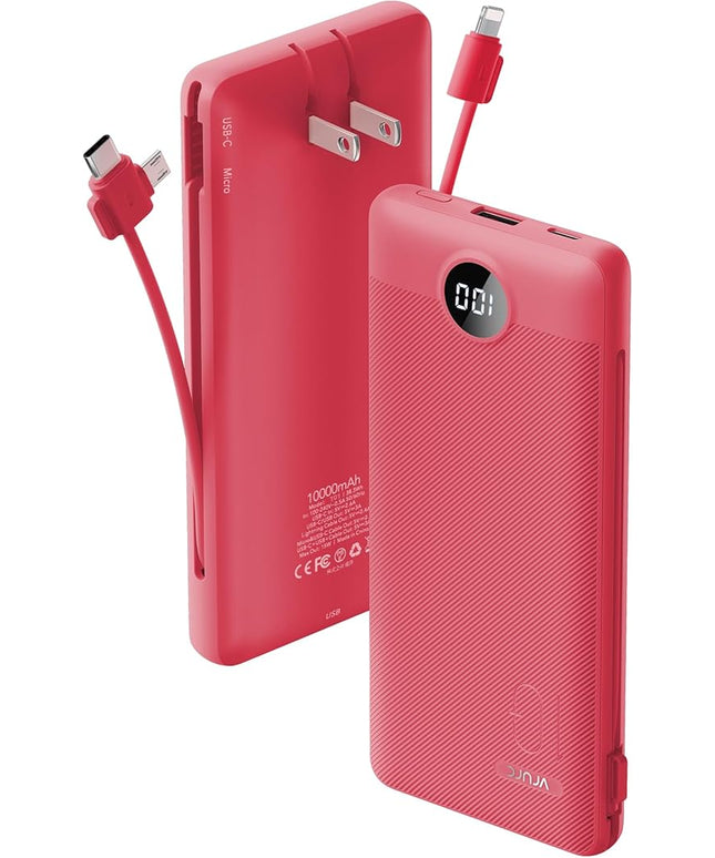 Portable Charger Built-in Cables and AC Wall Plug, VRURC USB C Power Bank 10000mAh, Travel Battery Portable Phone Charger Compact Lightweight External Battery Pack for SmartPhones,Tablets-Viva Magenta