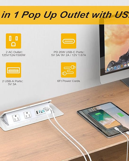UL Listed Recessed Power Strip, Pop Up Power Cover Box Desktop Socket with USB C Charging Ports, Stainless Steel Receptacle Outlet for Conference Room Countertop (White-USB C)