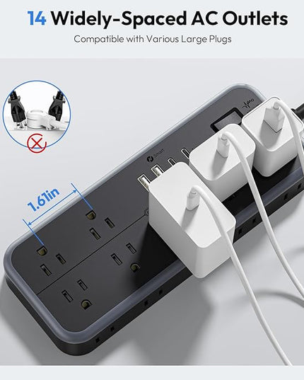 NTONPOWER 25 FT Extension Cord 10 Widely Spaced Outlets, 4 USB Port(2 USB C Port), Ultra Thin Flat Plug Extension Cords 25 Feet, Long Extension Cord for Home Office Garage, Black