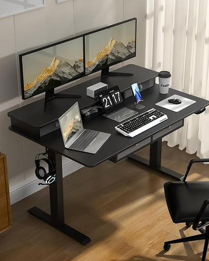 55 * 30 Inches Electric Standing Widened Desk Adjustable Height with 4 Drawers, Double Storage Shelves Stand Up Desk, Home Office Workstation Sit Stand up Desk (Classical Black)