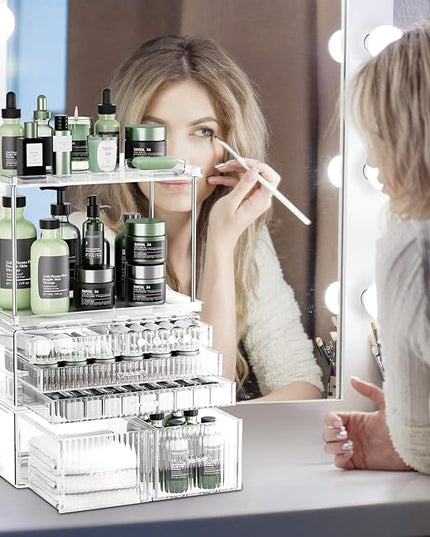 2-Tier 5-Drawer Bathroom Countertop Organizer : Multi-Purpose Makeup Organizer Countertop - Large Skincare Holder Exquisite Vanity Tray - Perfume & Skincare Storage Amber Clear