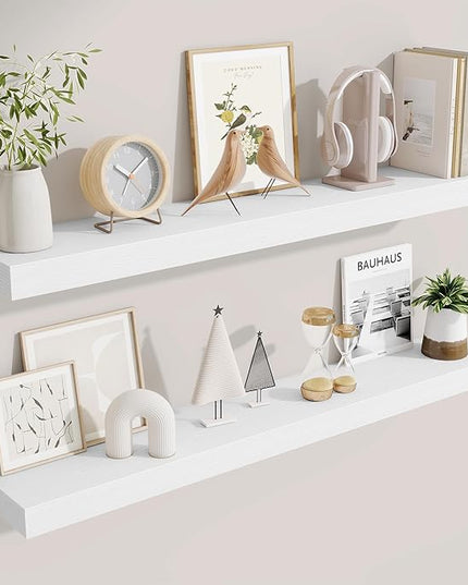 Fun Memories 40 Inch Floating Shelves, Long Wood Wall Shelf Set of 2 with Invisible Brackets, for Bathroom, Living Room, Bedroom, Kitchen, White
