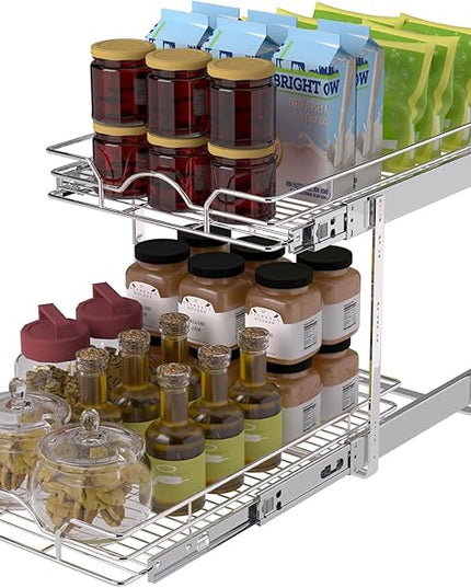 OCG 2 Tier Pull Out Cabinet Organizer (12.5" W x 18" D), Pull Out Drawers for Kitchen Cabinets, Pull Out Shelves for Base Cabinet Organization in Kitchen Bathroom Pantry, Chrome Finish