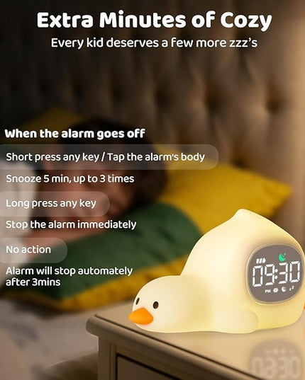 Laying Duck Alarm Clock with Night Light for Kids with Sleep Training and Sound Machine, Rechargeable Silicone Lamp OK to Wake Clock，Cute Animal Tabletop Lamp, Perfect Sleep Companion for Boys Girls