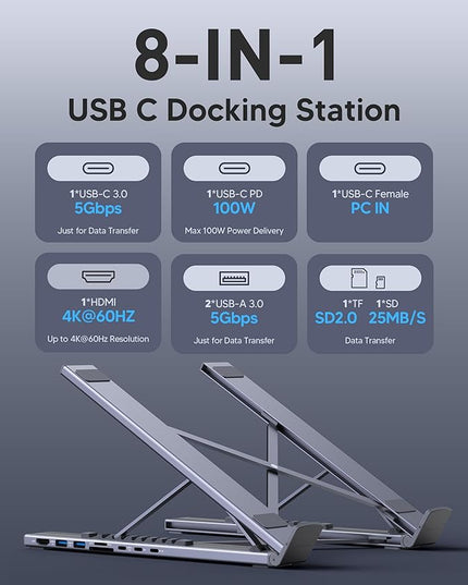 RoRoSkin 8-in-1 USB C Laptop Docking Station with 4K HDMI, 2 USB 3.0, PD 100W, Aluminum USB C Dock Tablet Stand Universal Dock Station for MacBook Pro/Air/Dell/HP/Surface/Lenovo, Plug and Play