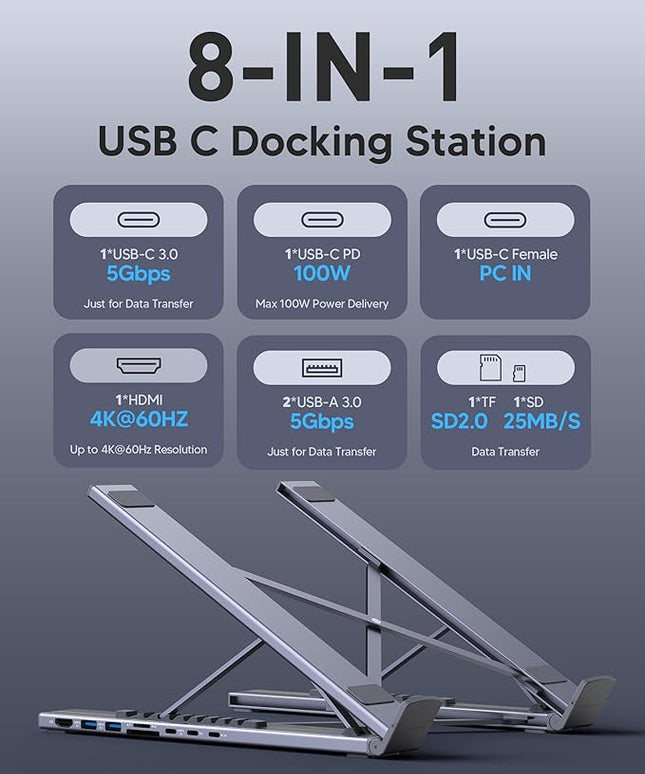RoRoSkin 8-in-1 USB C Laptop Docking Station with 4K HDMI, 2 USB 3.0, PD 100W, Aluminum USB C Dock Tablet Stand Universal Dock Station for MacBook Pro/Air/Dell/HP/Surface/Lenovo, Plug and Play