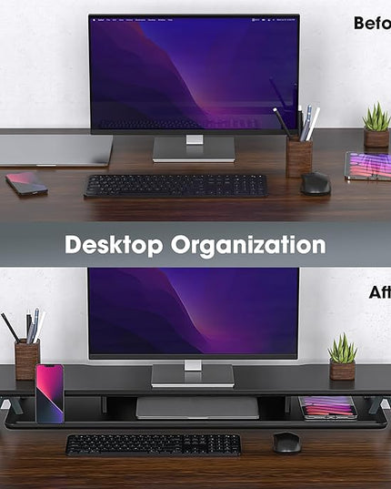 Fenge Dual Monitor Stand, Monitor Stands Riser for 2 monitors, 42.5 Inch Wood Desk Shelf with Storage Organizer and Cable Management for Office Desk Accessories