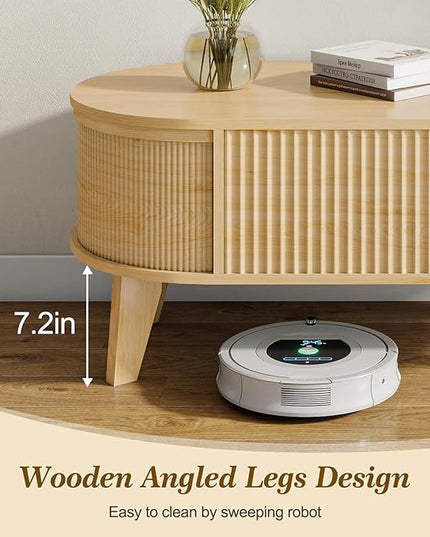 LYNCOHOME Fluted Lift Top Coffee Table with Storage,Modern Oval Coffee Table for Living Room Or Home Office（Natural）