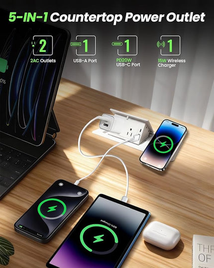 Conference Table Power Hub 15W Wireless Charger and PD20W Type-C Fast Charging, Pop up Outlet Desktop Connection Box with 2AC Outlets and USB Ports for Kitchen Countertop Conference Room, White