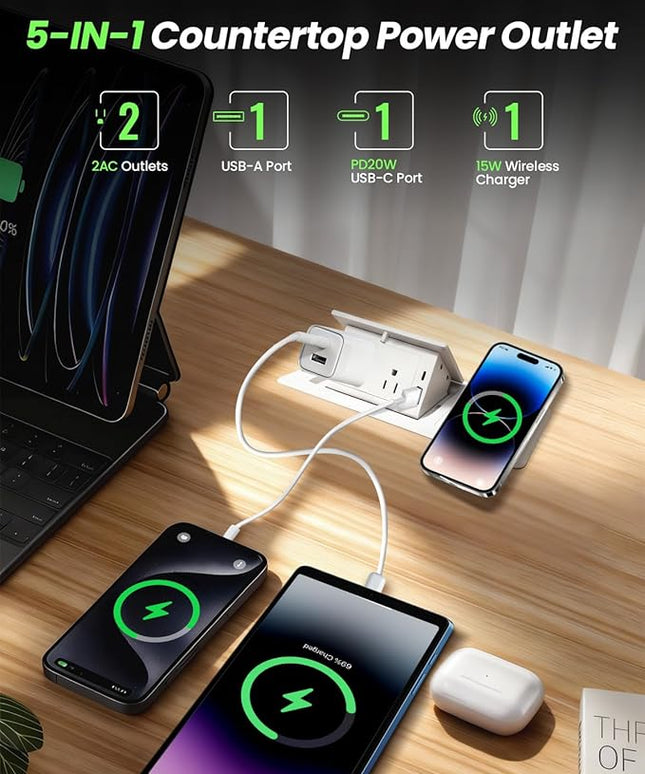 Conference Table Power Hub 15W Wireless Charger and PD20W Type-C Fast Charging, Pop up Outlet Desktop Connection Box with 2AC Outlets and USB Ports for Kitchen Countertop Conference Room, White