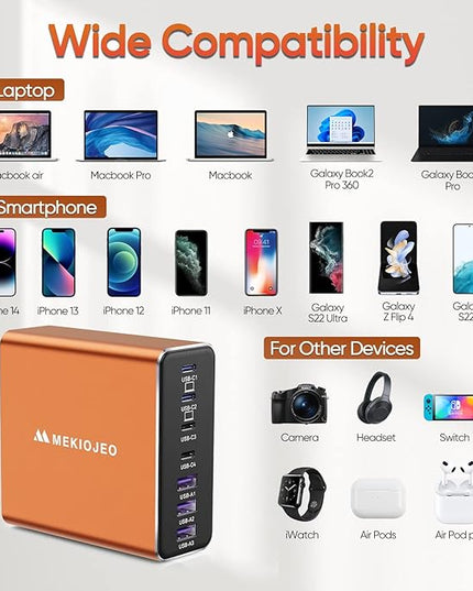 Aluminum Alloy USB C Charger GaN Charger Fast USB C Charging Station 7 Ports 65W Laptop for MacBook Pro/Air/iPad Pro/iPhone (Orange-4C3A)